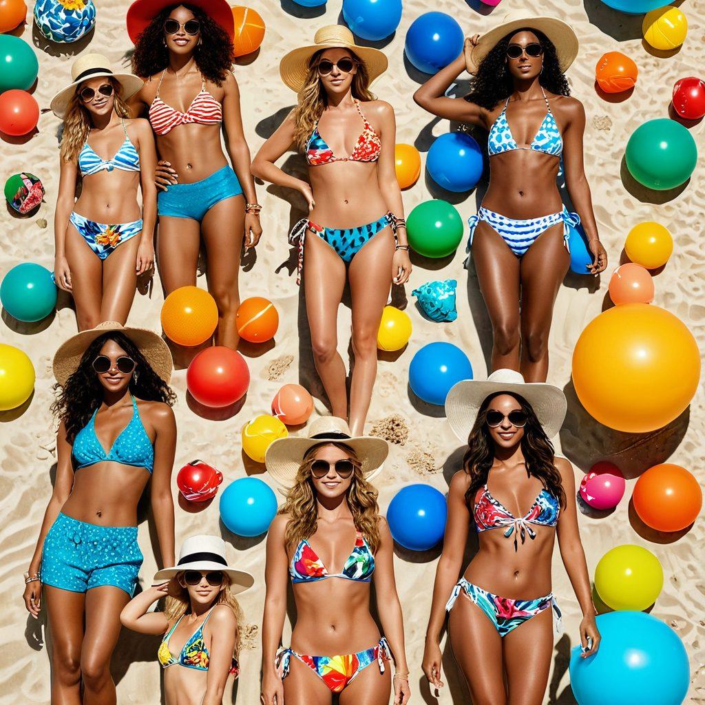 A sun-soaked beach scene showcasing a diverse group of models flaunting the latest bikini trends in bold patterns and colors. Include playful beach accessories like oversized hats, sunglasses, and beach balls, surrounded by vibrant tropical flowers. Capture the essence of summer fun and fashion with waves crashing in the background. The atmosphere should be lively and inviting. super-realistic. vibrant colors. beach setting.