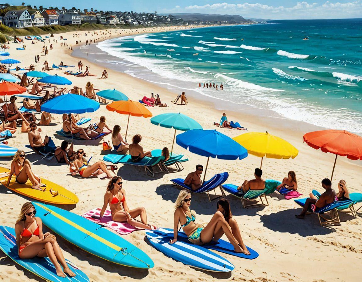 A stylish beach scene featuring a diverse group of fashionable individuals showcasing vibrant swimwear, colorful beach accessories, and trendy sunglasses. Include elements like surfboards, beach umbrellas, and the ocean waves in the background to enhance the vibe. The sun is shining bright, casting a warm glow on the scene. Capture a sense of fun and adventure. vibrant colors. super-realistic.